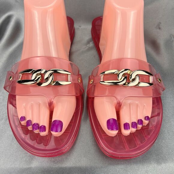 Vince Camuto Evolet Jelly Thong Women’s 10 Pink‎ Chain Flip Flops Summer Worn 1x - Picture 5 of 17